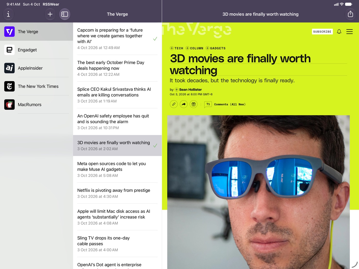iPad split view with feeds, articles and the reader
