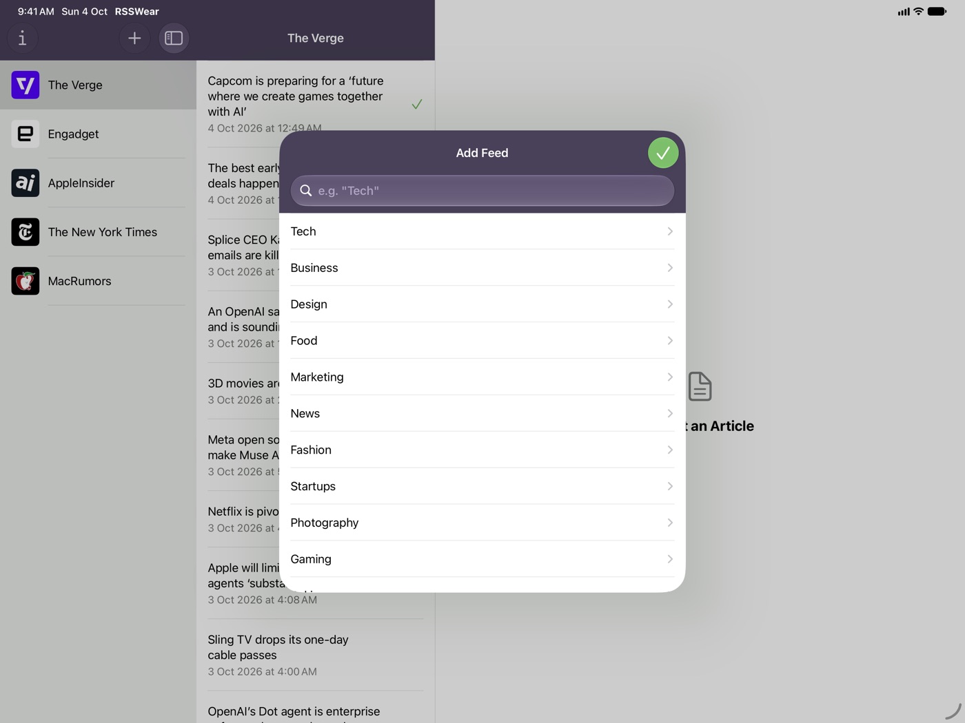 Add Feed screen on iPad