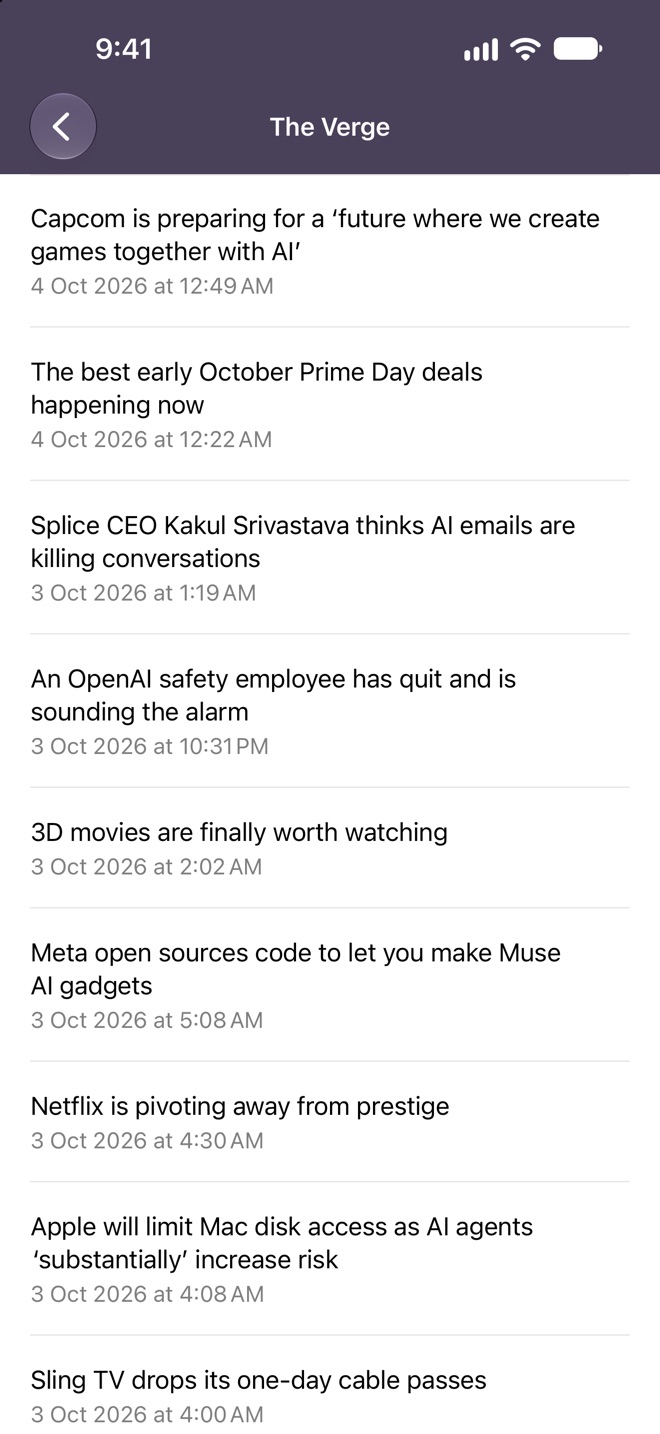 Articles in a feed on iPhone
