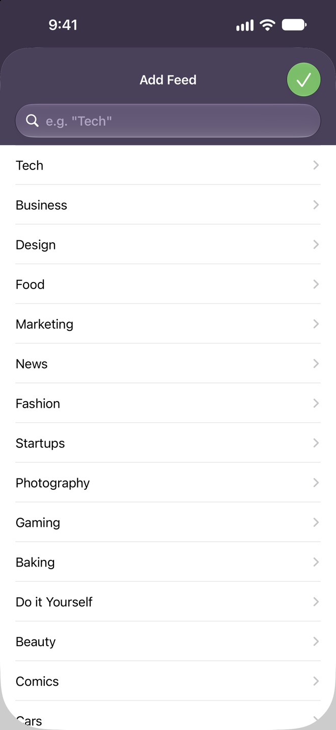 Add Feed screen with topic suggestions on iPhone